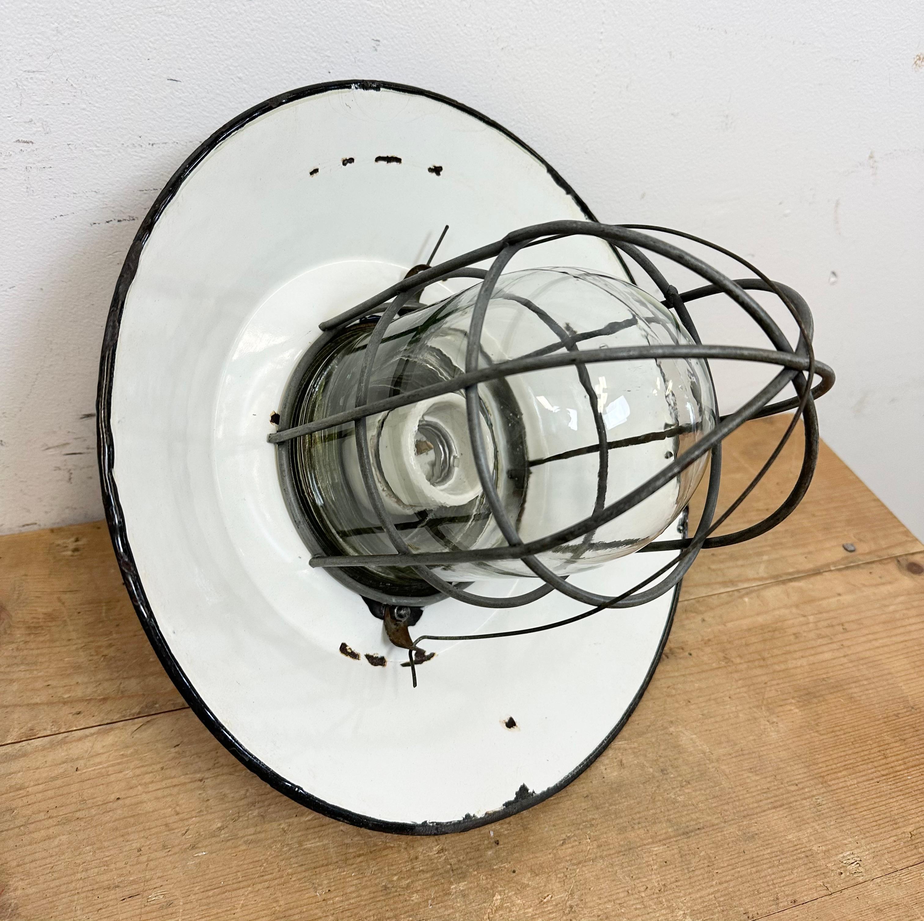 Blue Enamel and Cast Iron Industrial Cage Pendant Light, 1960s For Sale 12