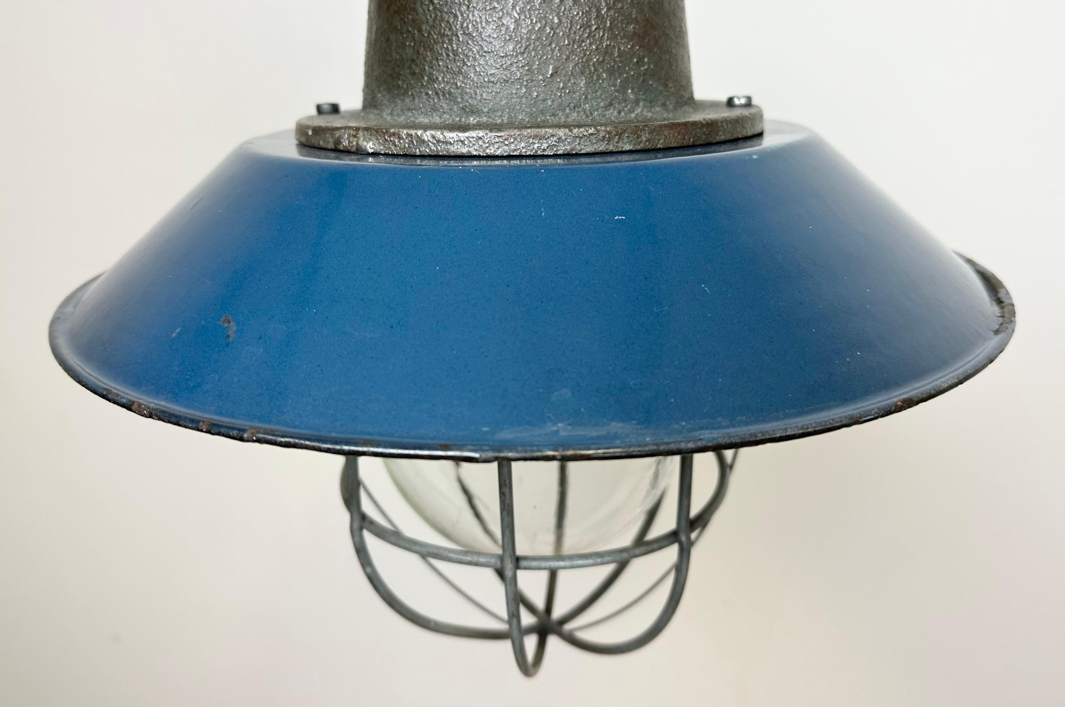 Blue Enamel and Cast Iron Industrial Cage Pendant Light, 1960s In Good Condition For Sale In Kojetice, CZ