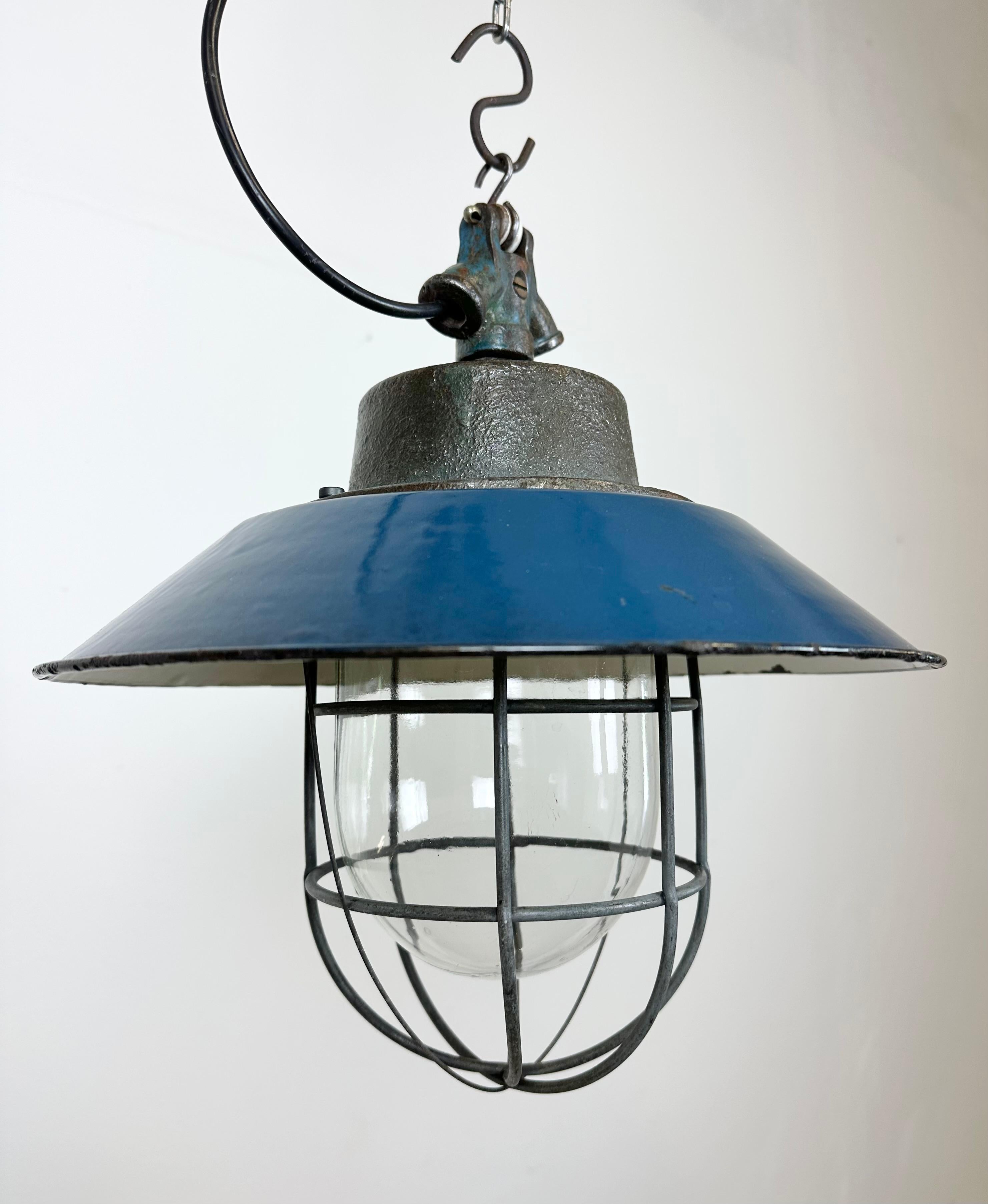 20th Century Blue Enamel and Cast Iron Industrial Cage Pendant Light, 1960s For Sale