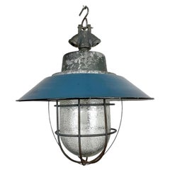 Blue Enamel and Cast Iron Industrial Cage Pendant Light, 1960s