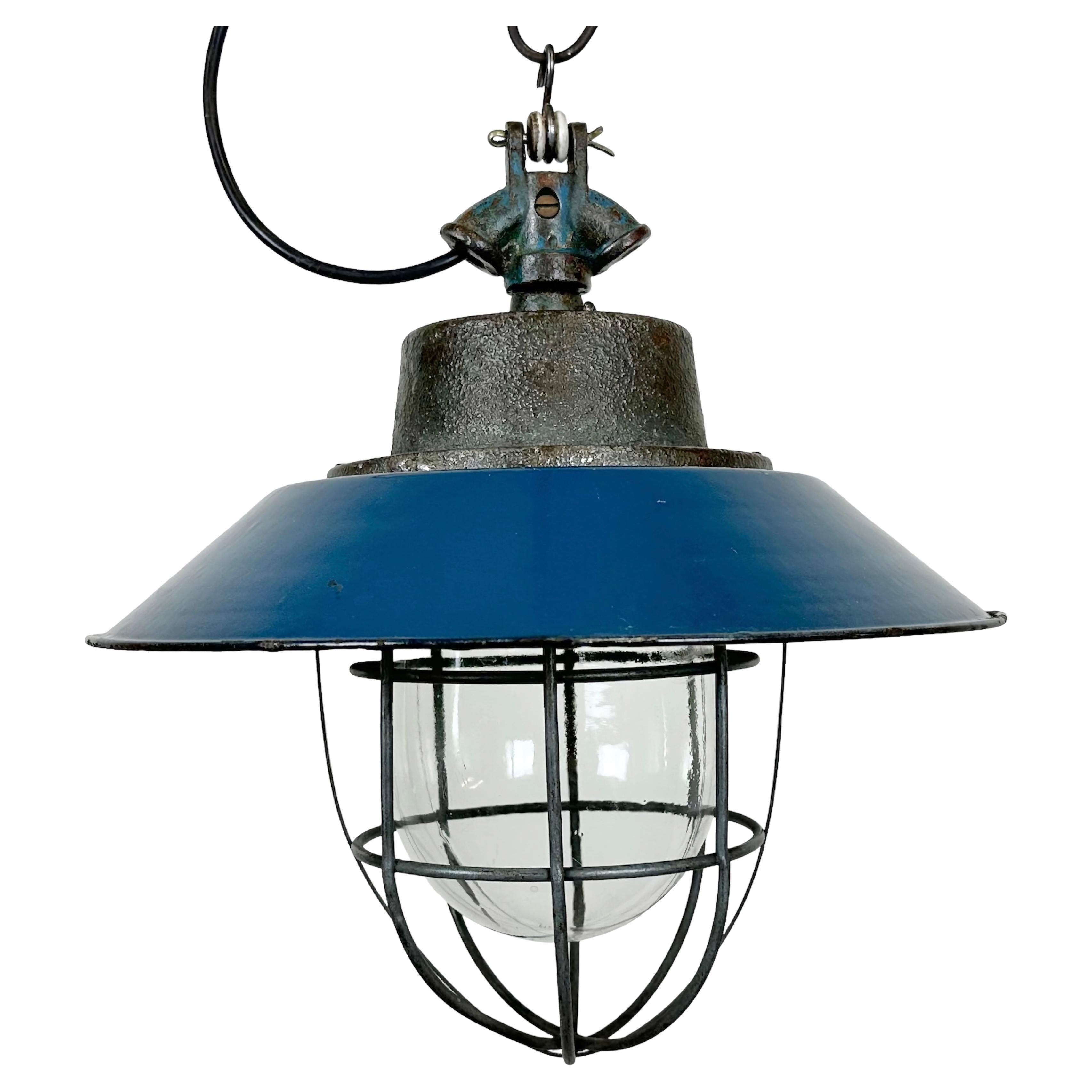 Blue Enamel and Cast Iron Industrial Cage Pendant Light, 1960s For Sale