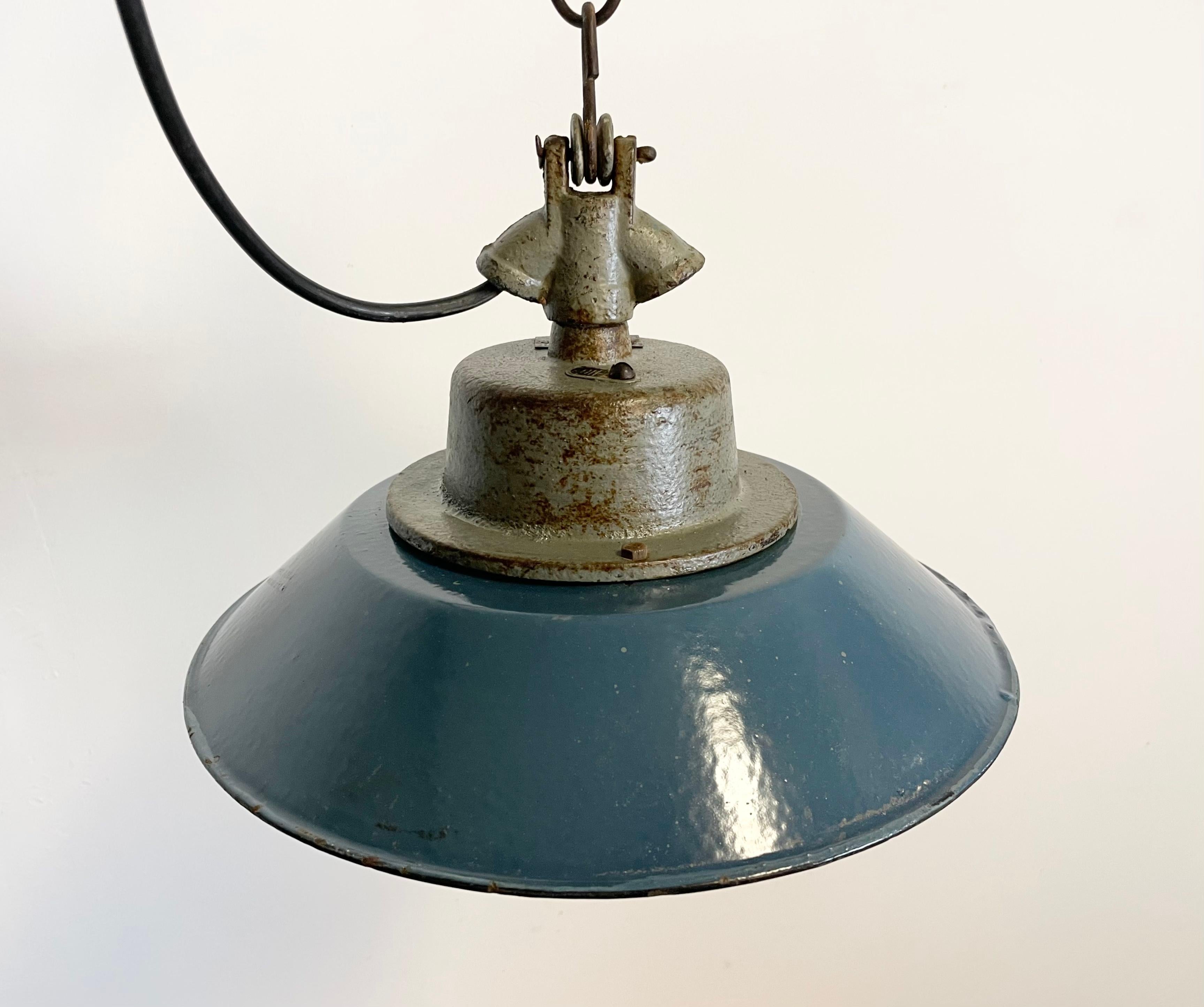 Polish Blue Enamel and Cast Iron Industrial Pendant Light, 1950s