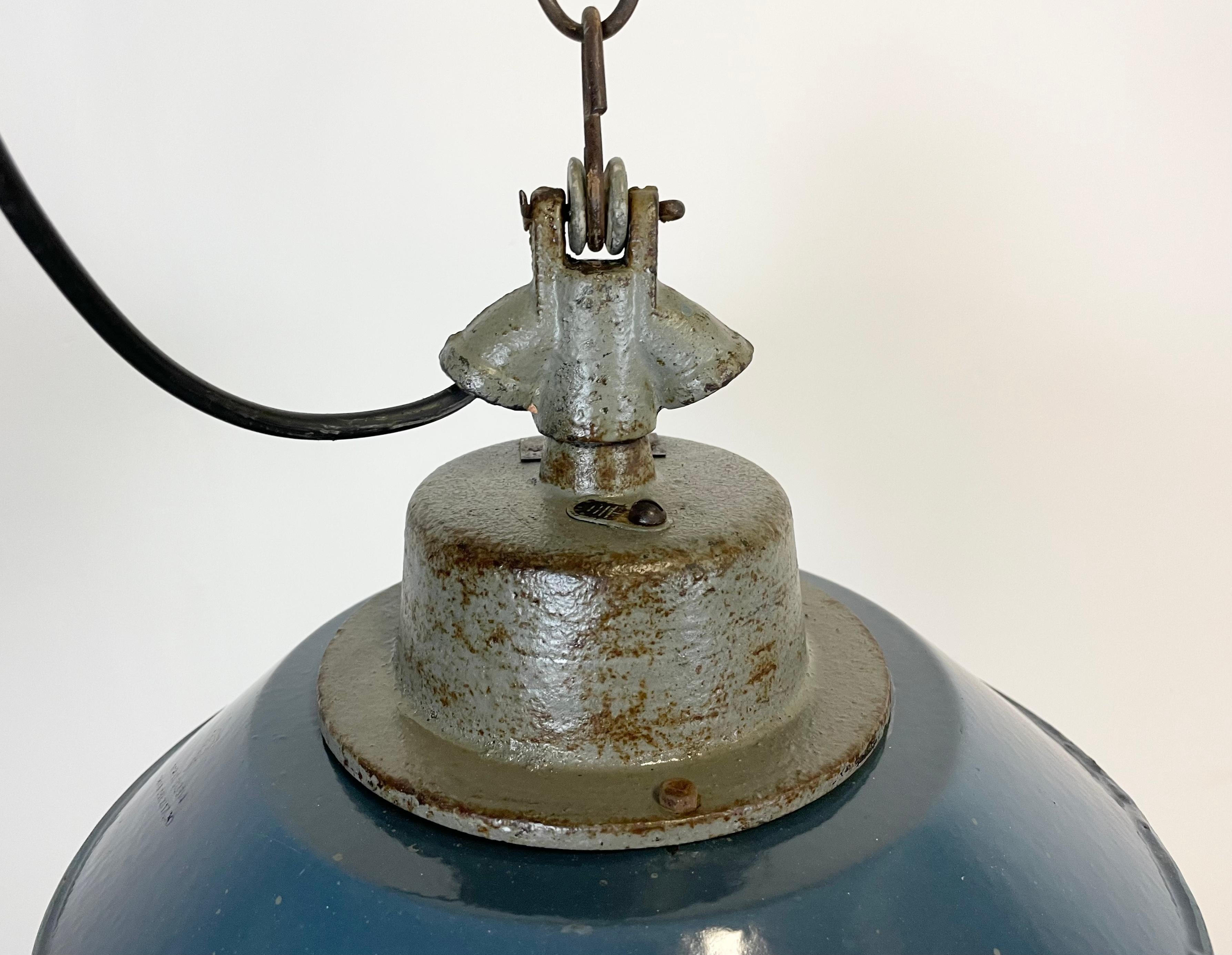 Blue Enamel and Cast Iron Industrial Pendant Light, 1950s In Good Condition In Kojetice, CZ