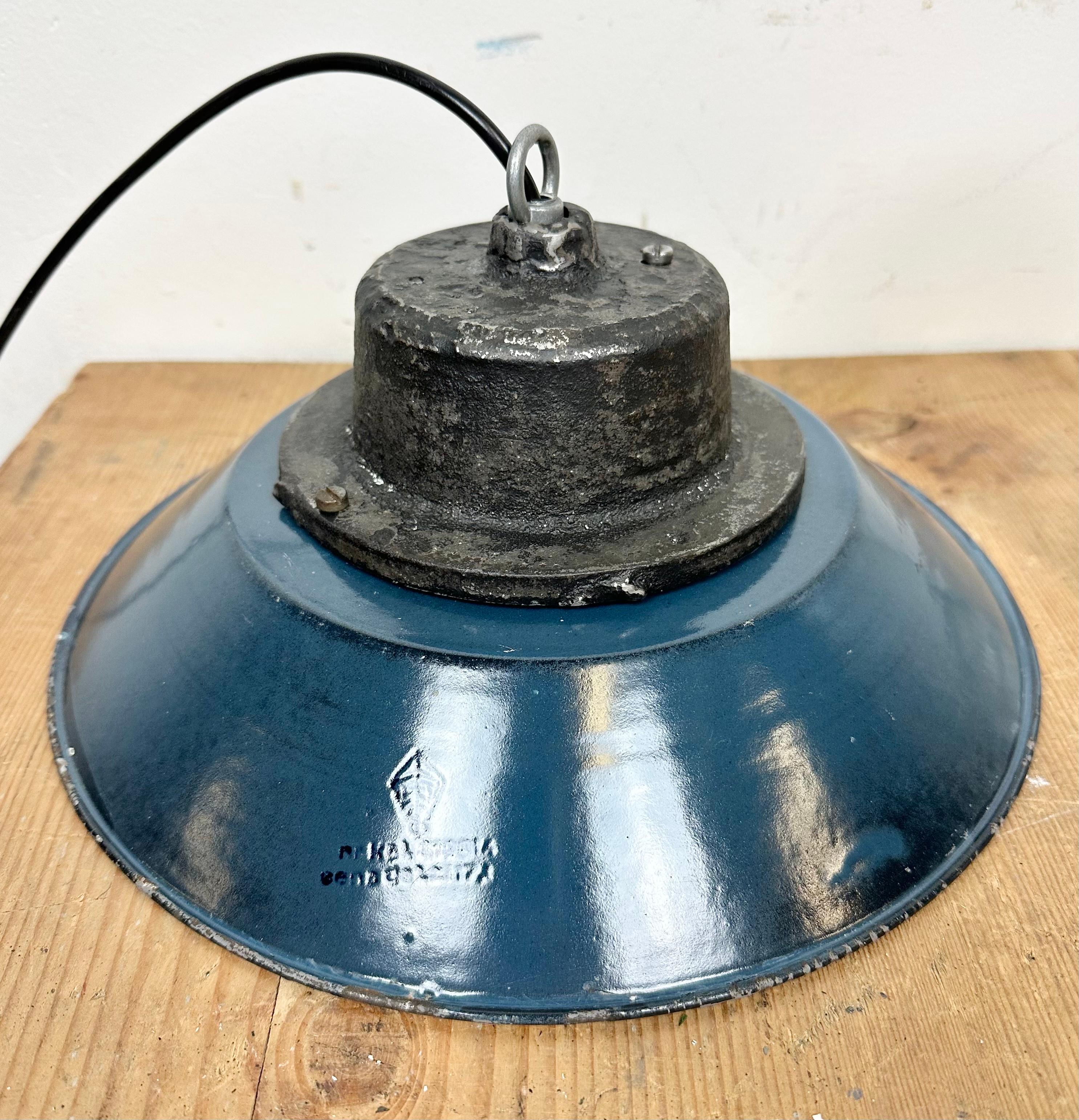 Blue Enamel and Cast Iron Industrial Pendant Light, 1960s 5
