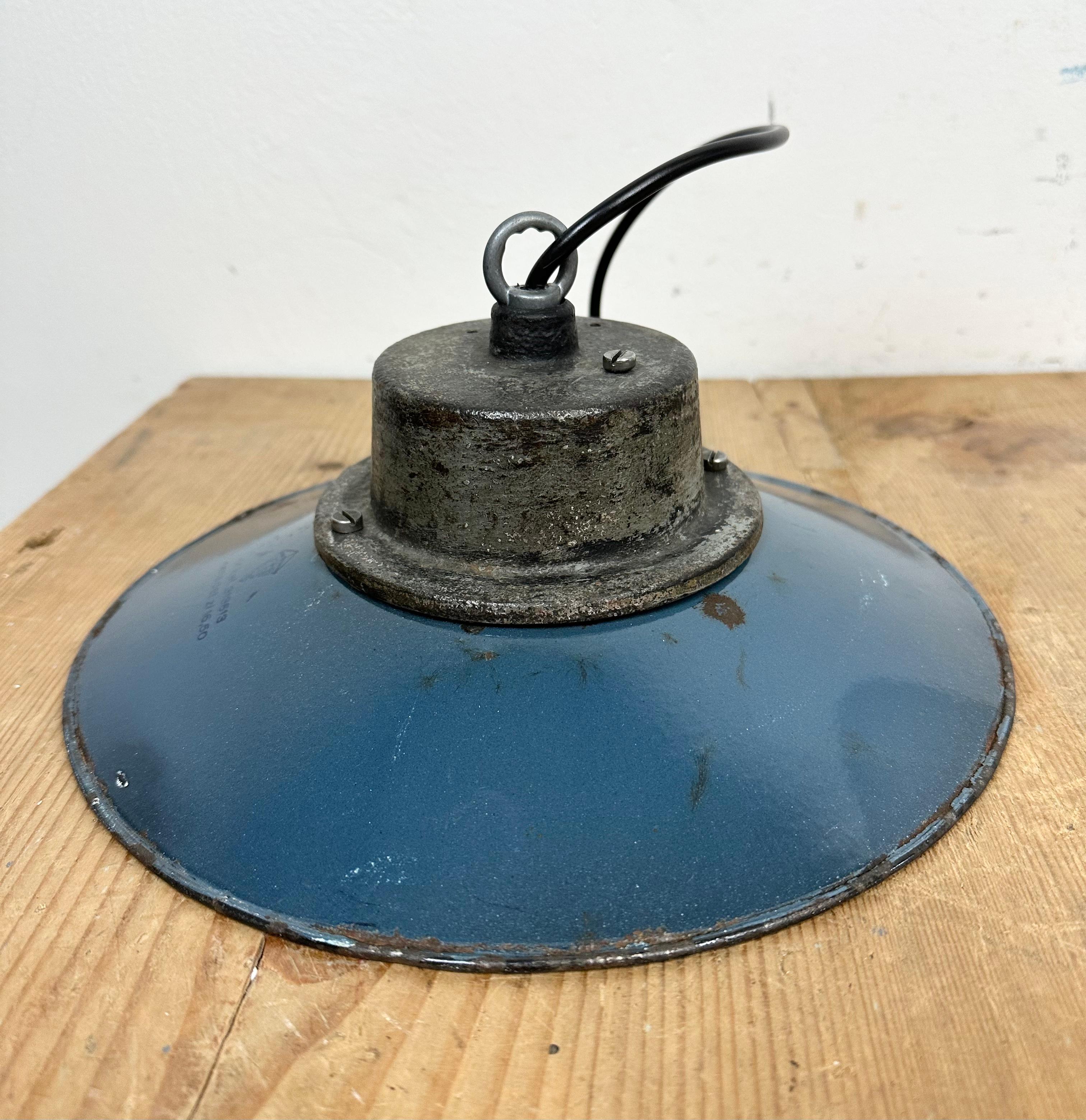 Blue Enamel and Cast Iron Industrial Pendant Light, 1960s 7