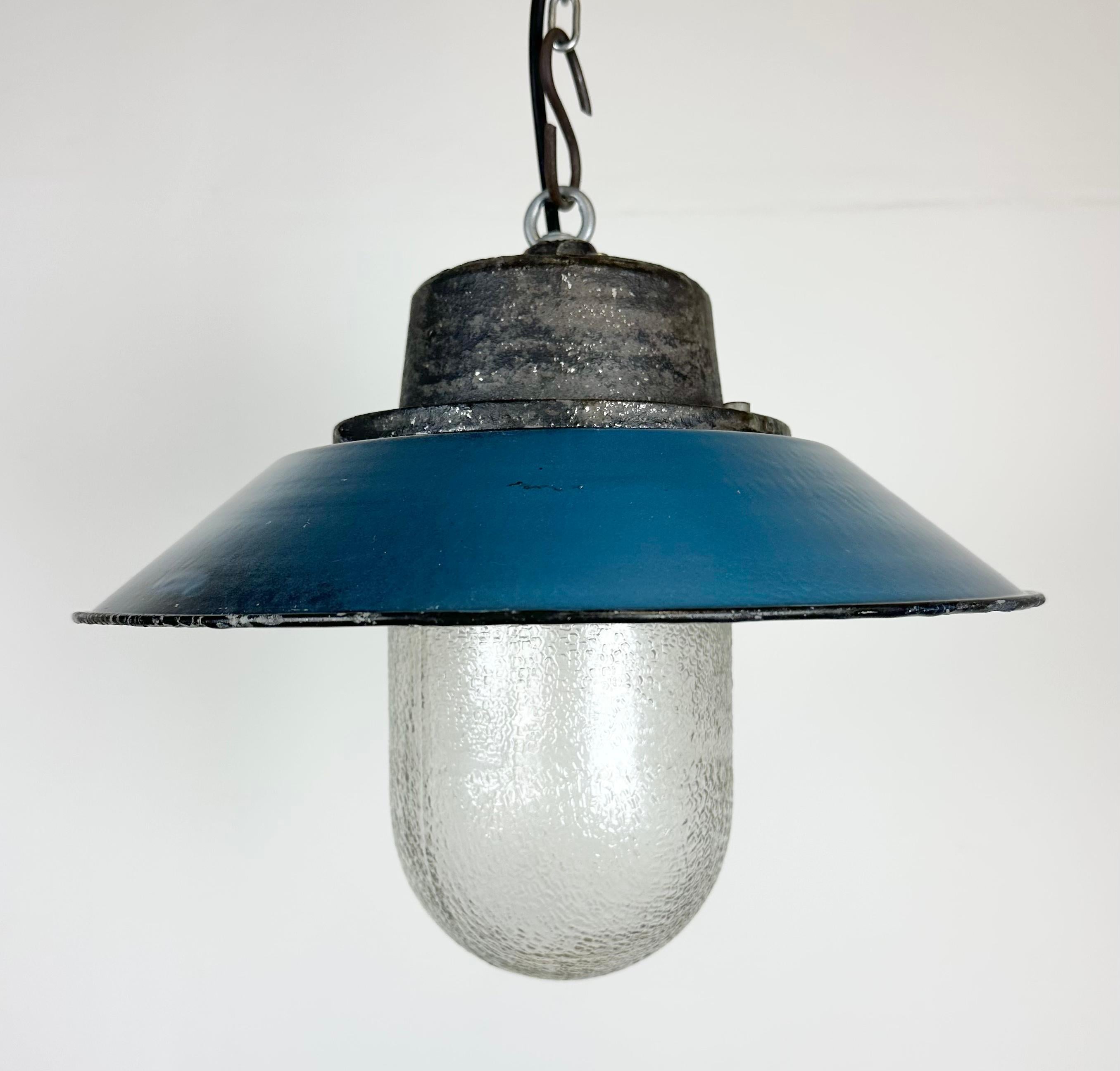 Polish Blue Enamel and Cast Iron Industrial Pendant Light, 1960s