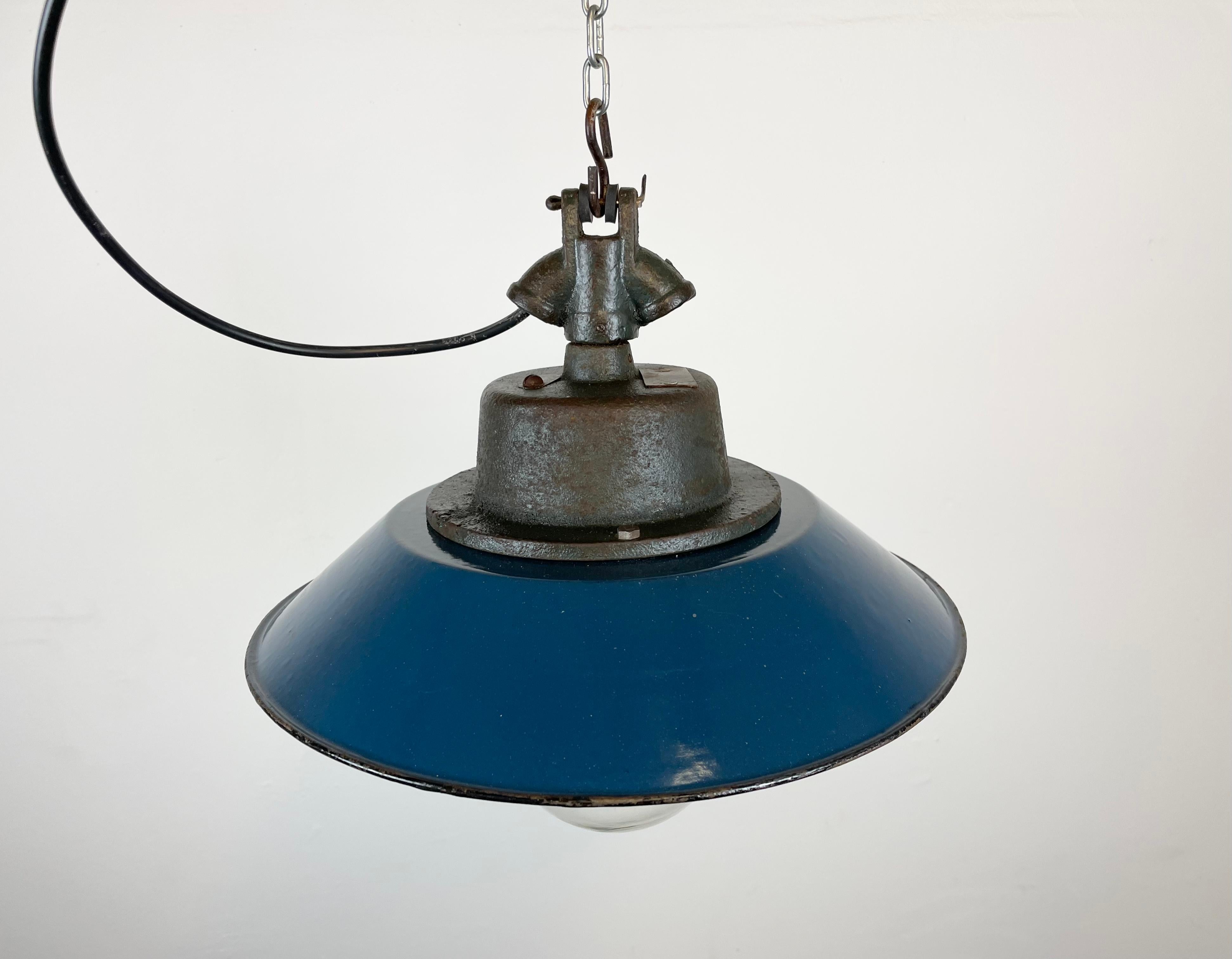 Polish Blue Enamel and Cast Iron Industrial Pendant Light, 1960s