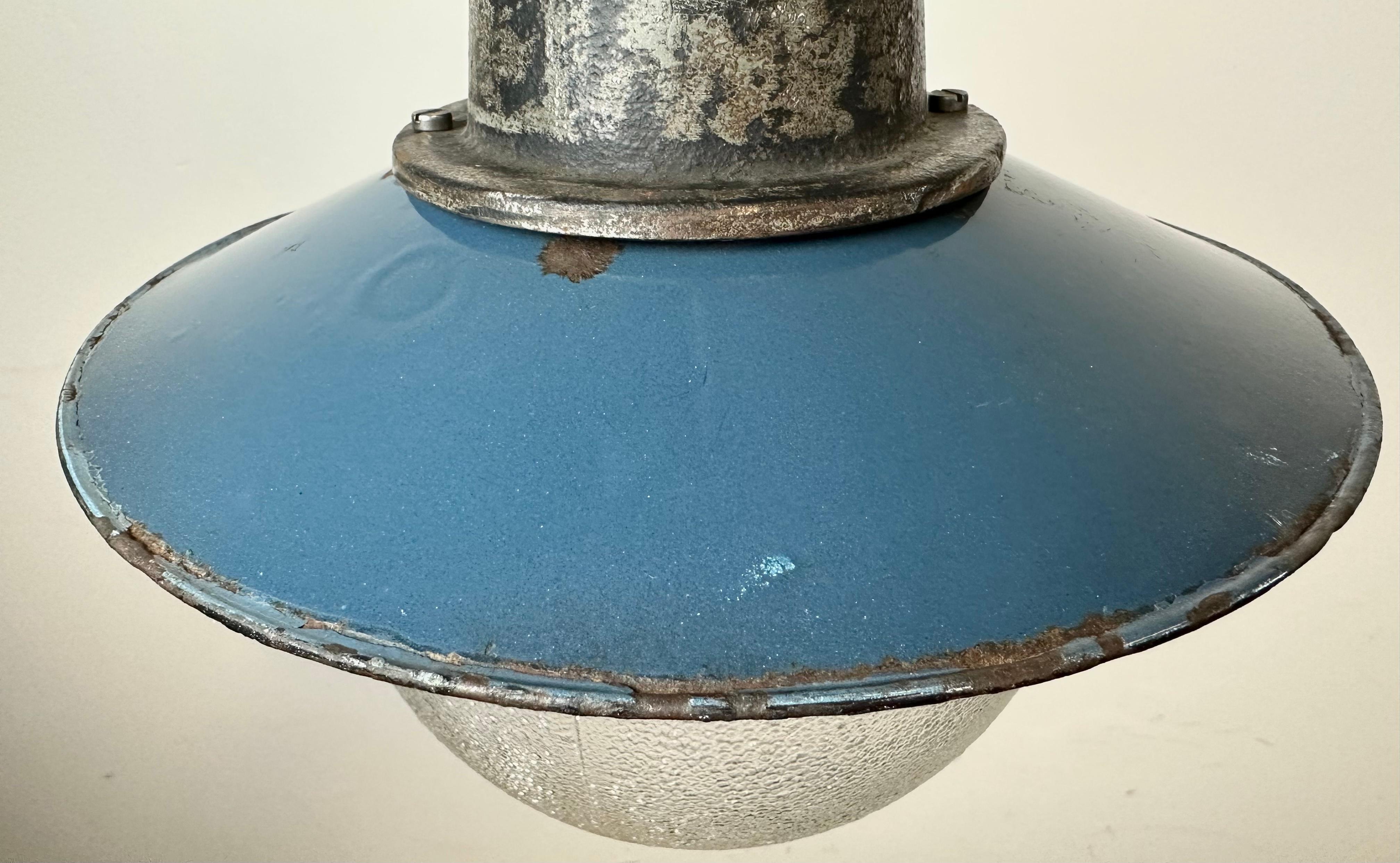 Blue Enamel and Cast Iron Industrial Pendant Light, 1960s In Good Condition In Kojetice, CZ