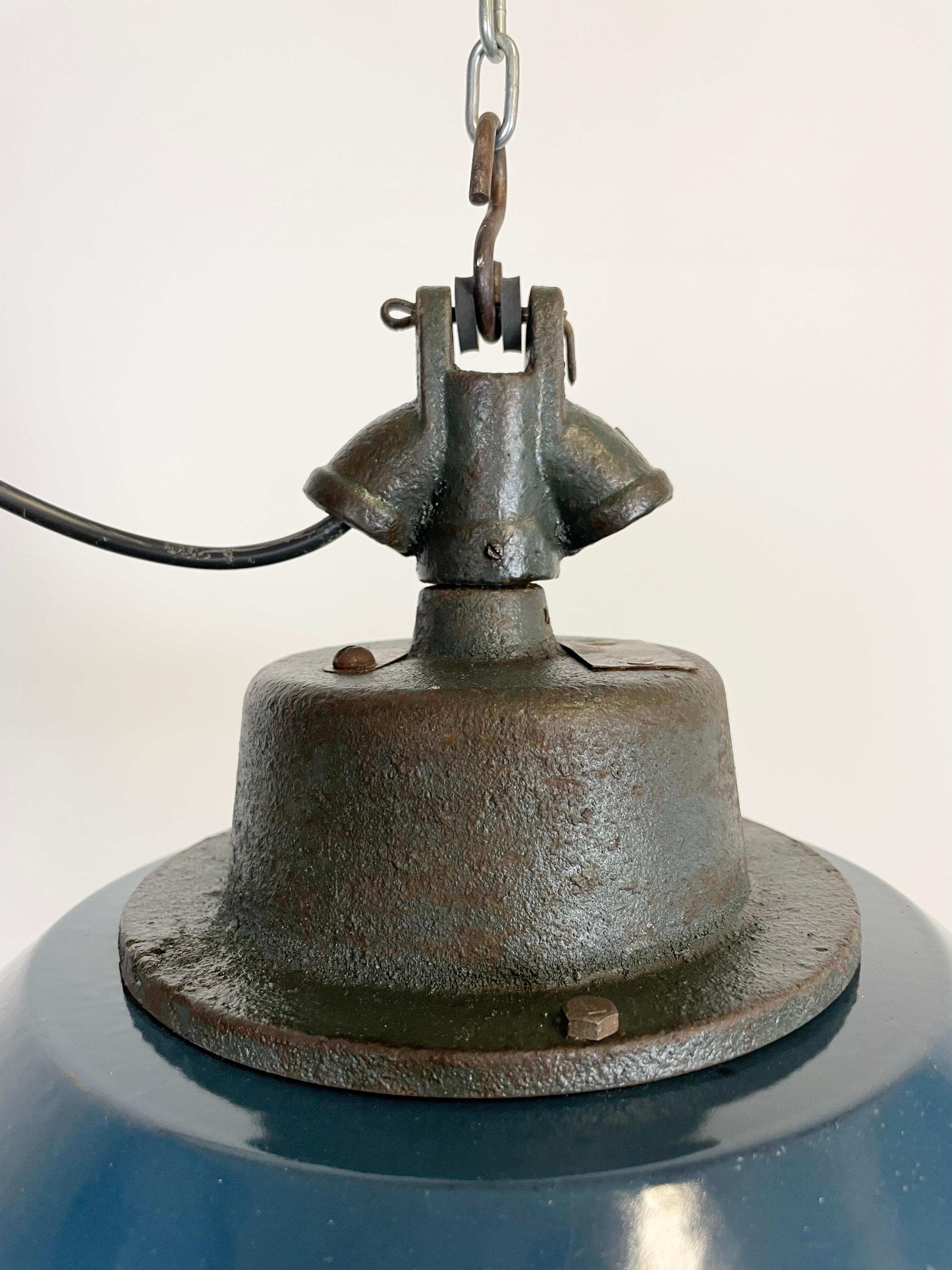 Blue Enamel and Cast Iron Industrial Pendant Light, 1960s In Good Condition In Kojetice, CZ