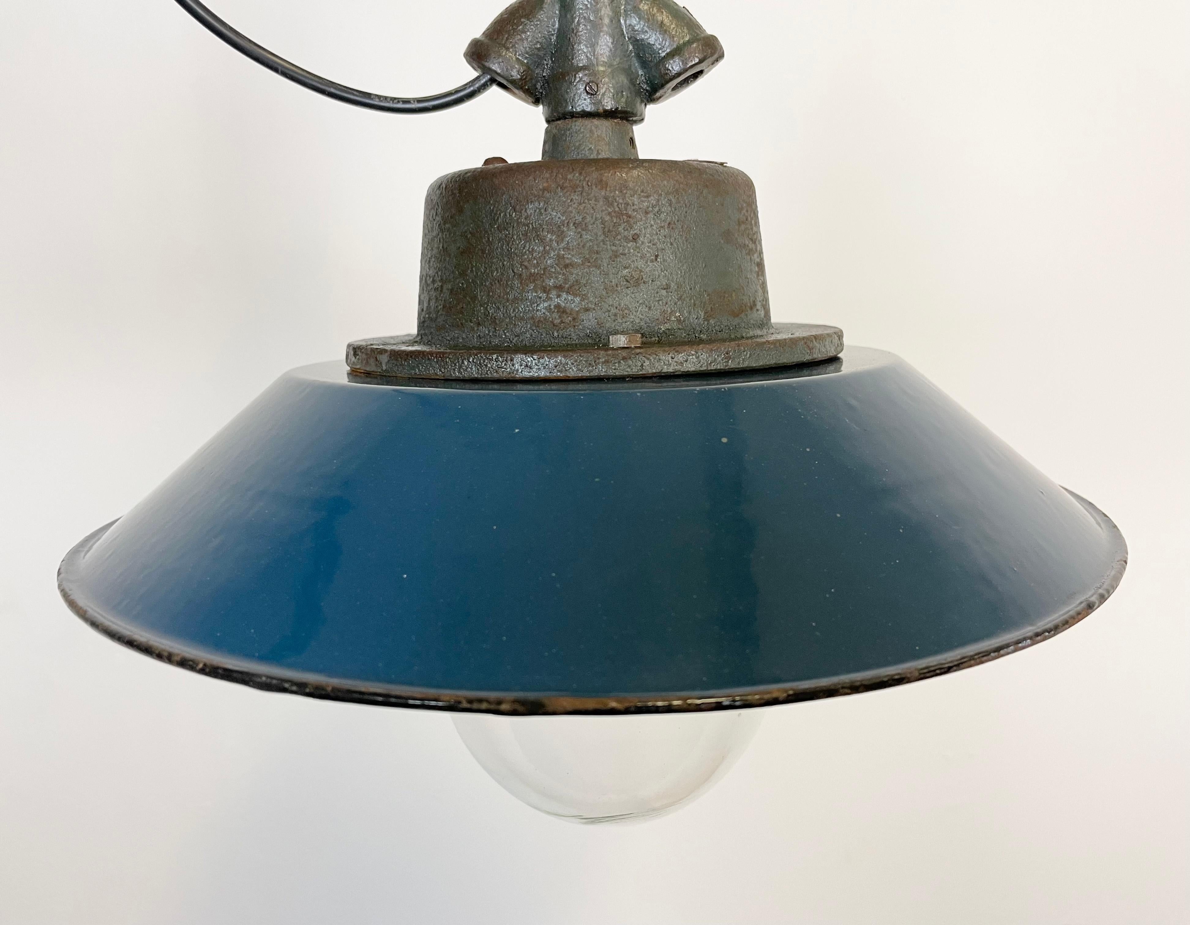 Blue Enamel and Cast Iron Industrial Pendant Light, 1960s 2