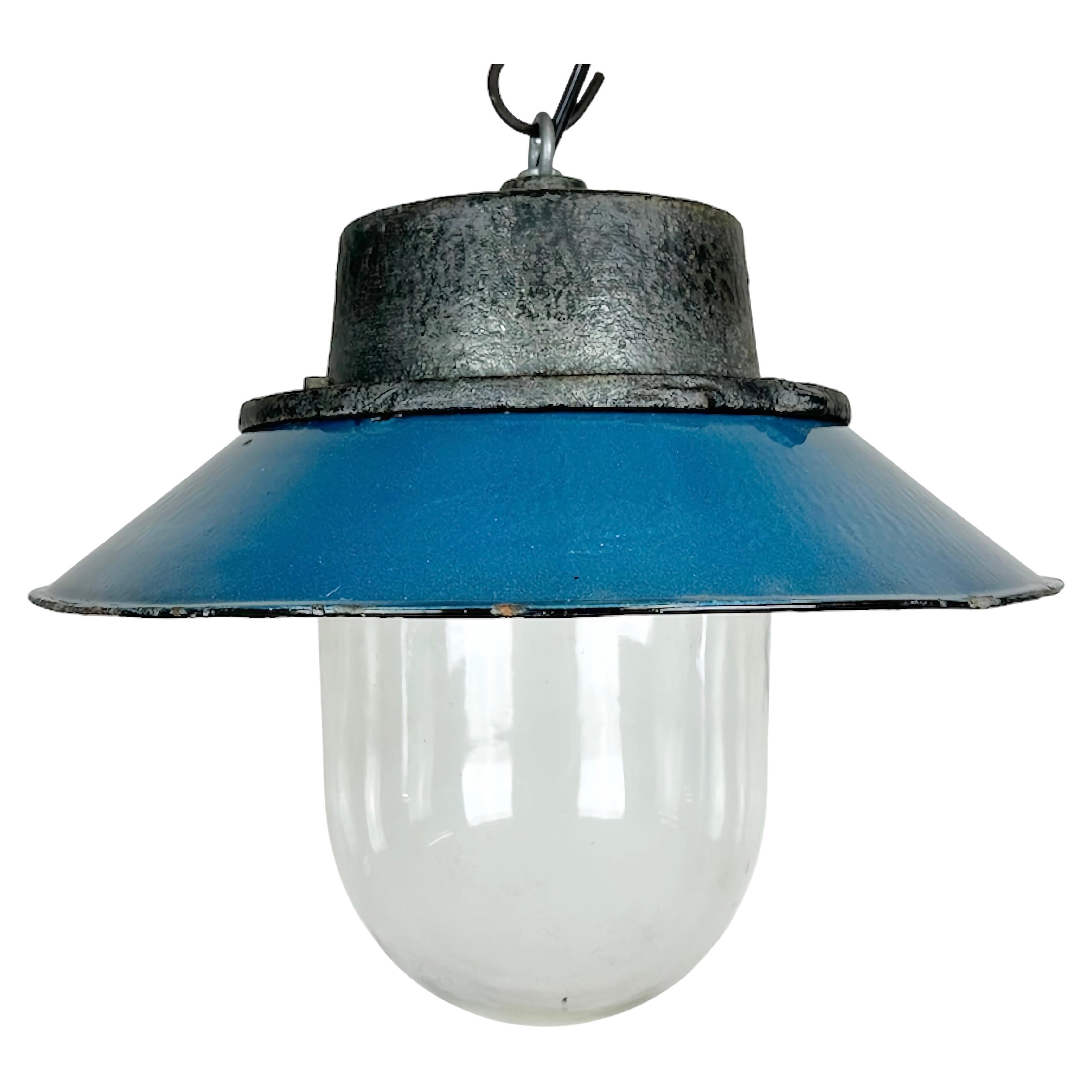 Blue Enamel and Cast Iron Industrial Pendant Light, 1960s at 1stDibs