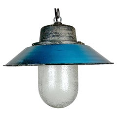 Blue Enamel and Cast Iron Industrial Pendant Light, 1960s
