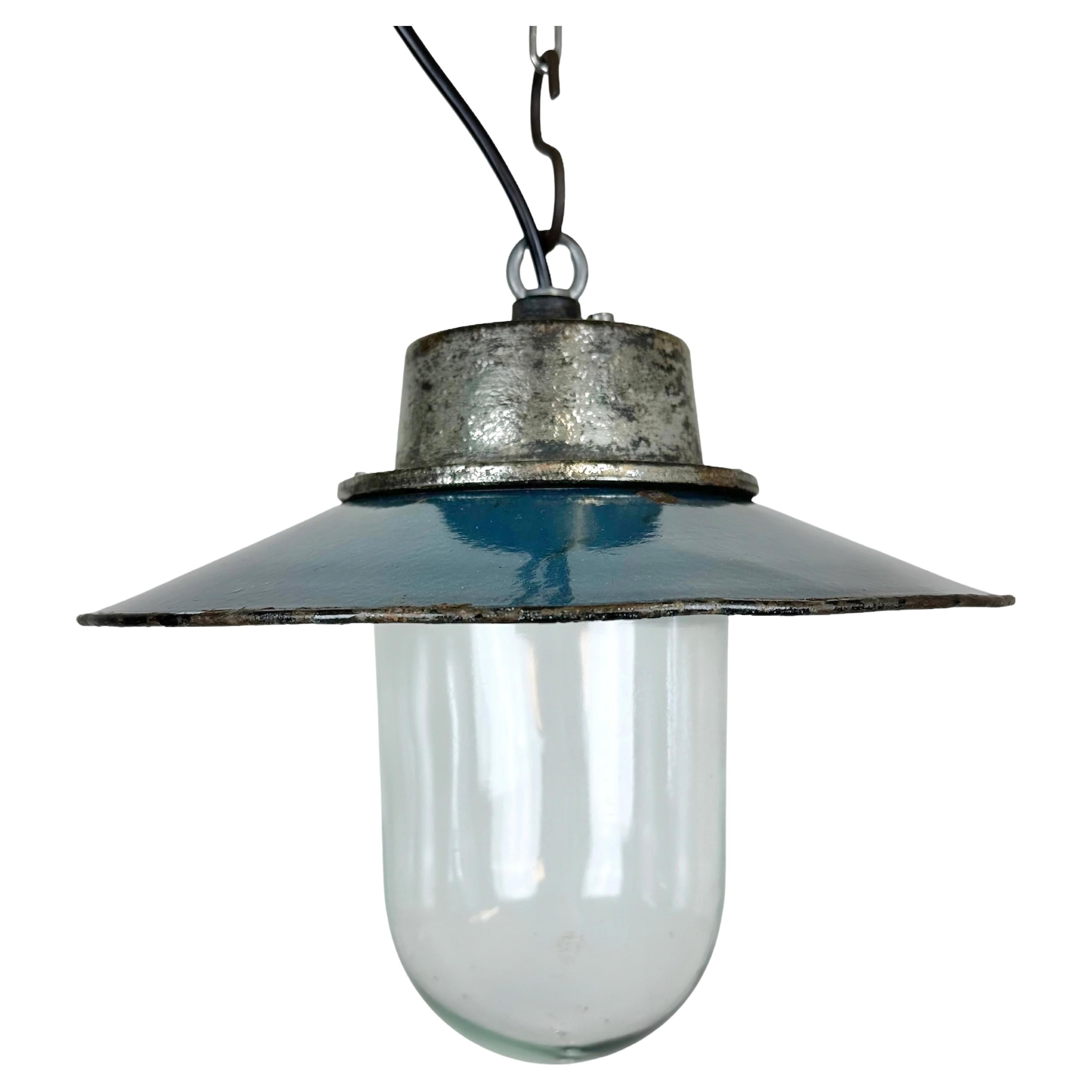 Blue Enamel and Cast Iron Industrial Pendant Light, 1960s For Sale at