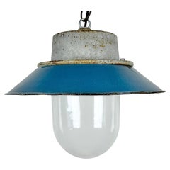 Blue Enamel and Cast Iron Industrial Pendant Light, 1960s