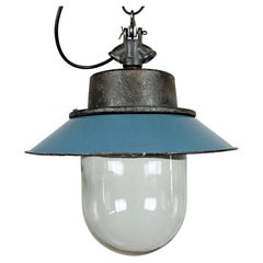 Blue Enamel and Cast Iron Industrial Pendant Light, 1960s