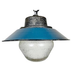 Blue Enamel and Cast Iron Industrial Pendant Light, 1960s