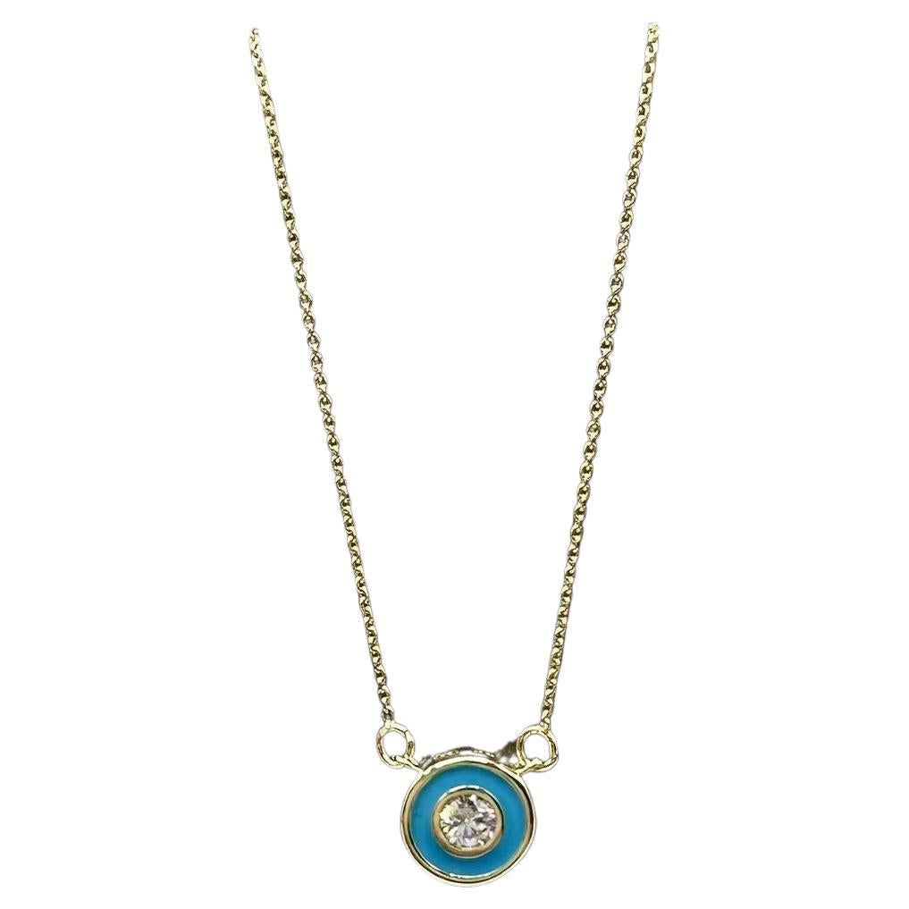 Collier en émail bleu et diamant en or jaune 14kt - 0.13ctw GH SI, 18".