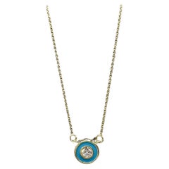 Collier en émail bleu et diamant en or jaune 14kt - 0.13ctw GH SI, 18".