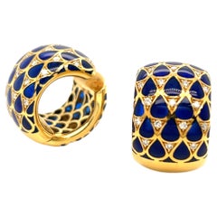 Vintage Cobalt Blue Enamel and Diamond Huggie Hoop Earrings, 18K Gold