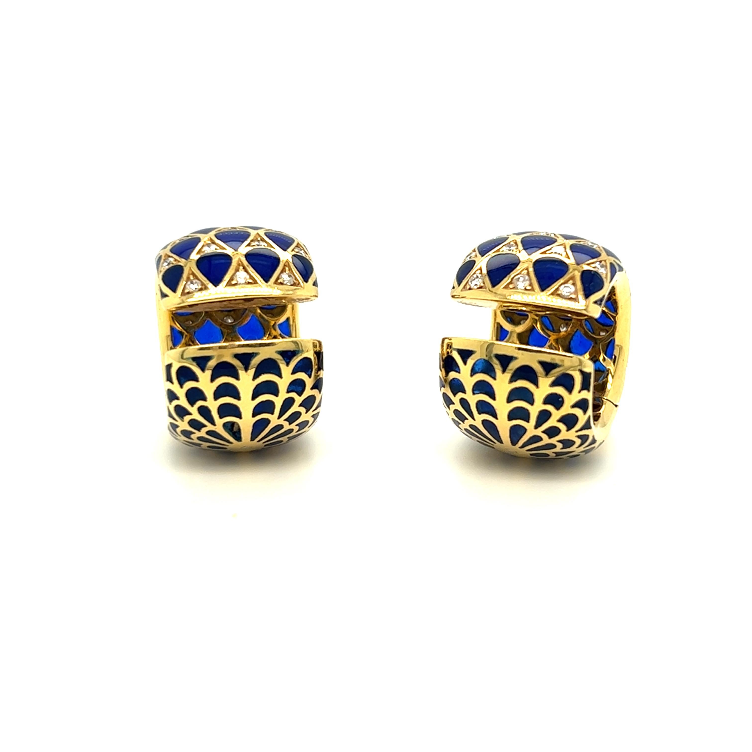 Round Cut Blue Enamel and Diamond Tension Set Hoop Huggie Earrings 18k Yellow Gold For Sale