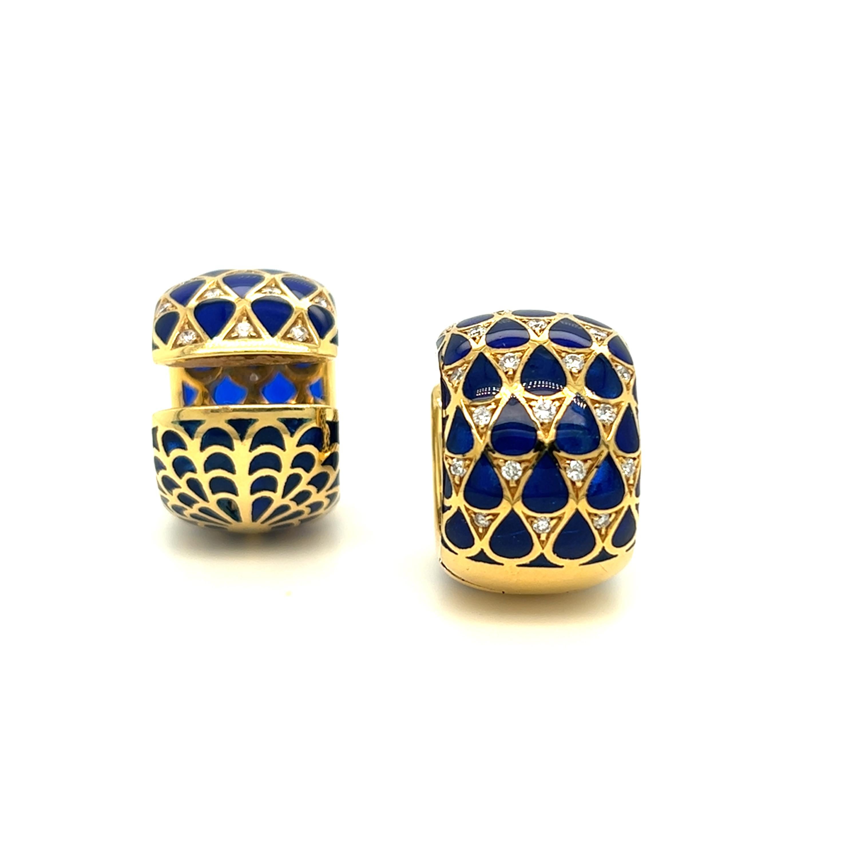 Blue Enamel and Diamond Tension Set Hoop Huggie Earrings 18k Yellow Gold In Excellent Condition For Sale In beverly hills, CA