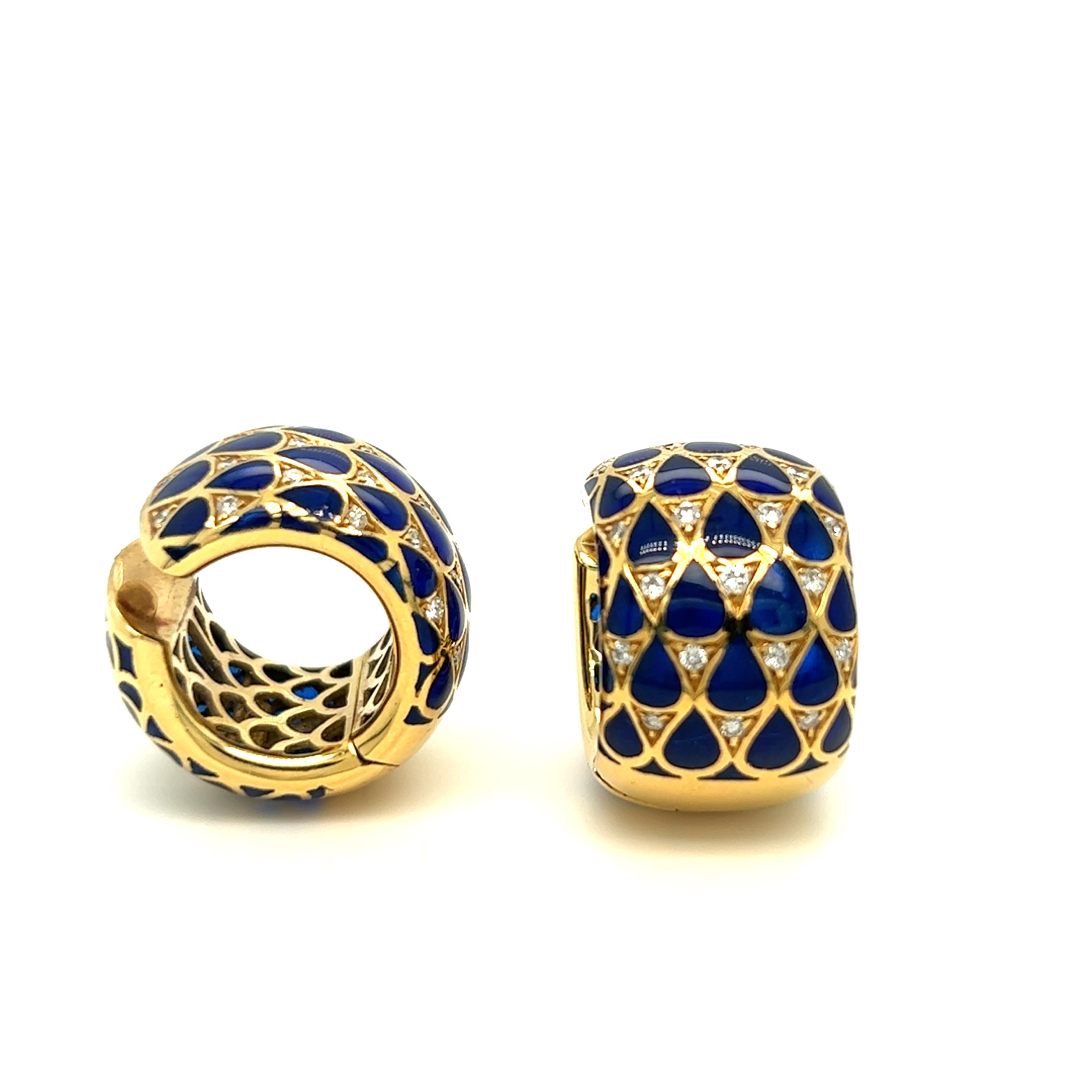 Women's Blue Enamel and Diamond Tension Set Hoop Huggie Earrings 18k Yellow Gold For Sale