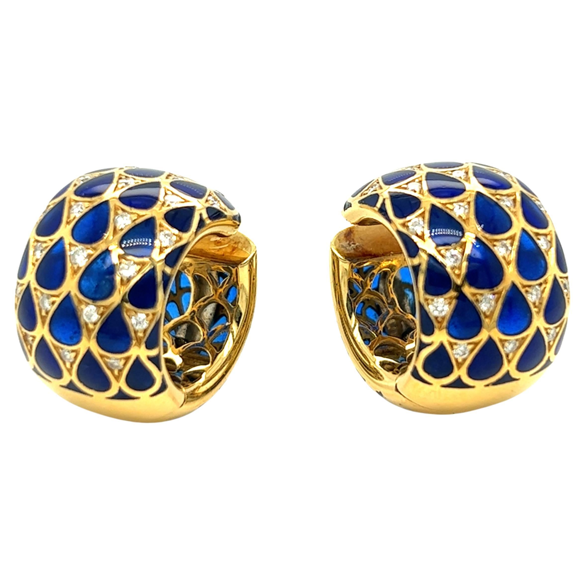 Blue Enamel and Diamond Tension Set Hoop Huggie Earrings 18k Yellow Gold For Sale