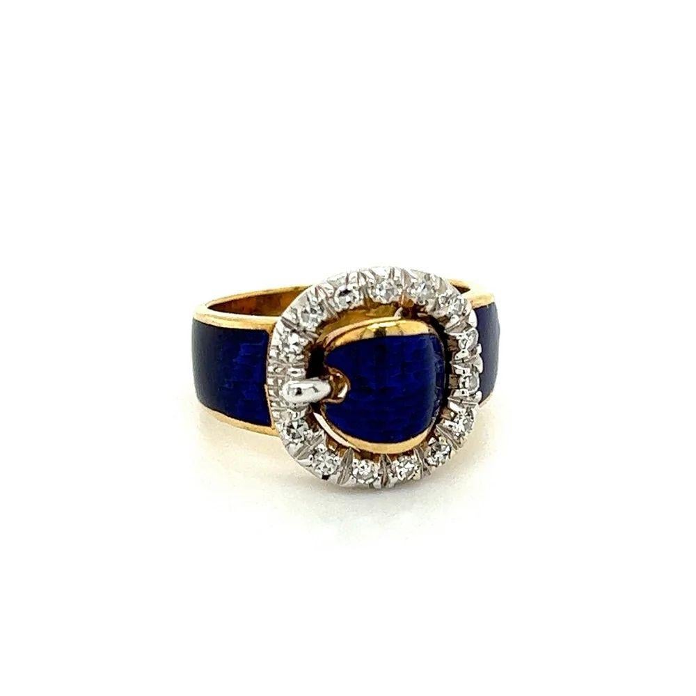 Simply Beautiful! Vintage Blue Enamel and Diamond Gold Buckle Ring. Hand crafted in 18K Yellow Gold. Buckle Hand set with Diamonds, weighing approx. 0.14tcw. Approx. dimensions: 0.87” l x 0.74” w x 0.51” h. Ring size 5. More Beautiful in real time!
