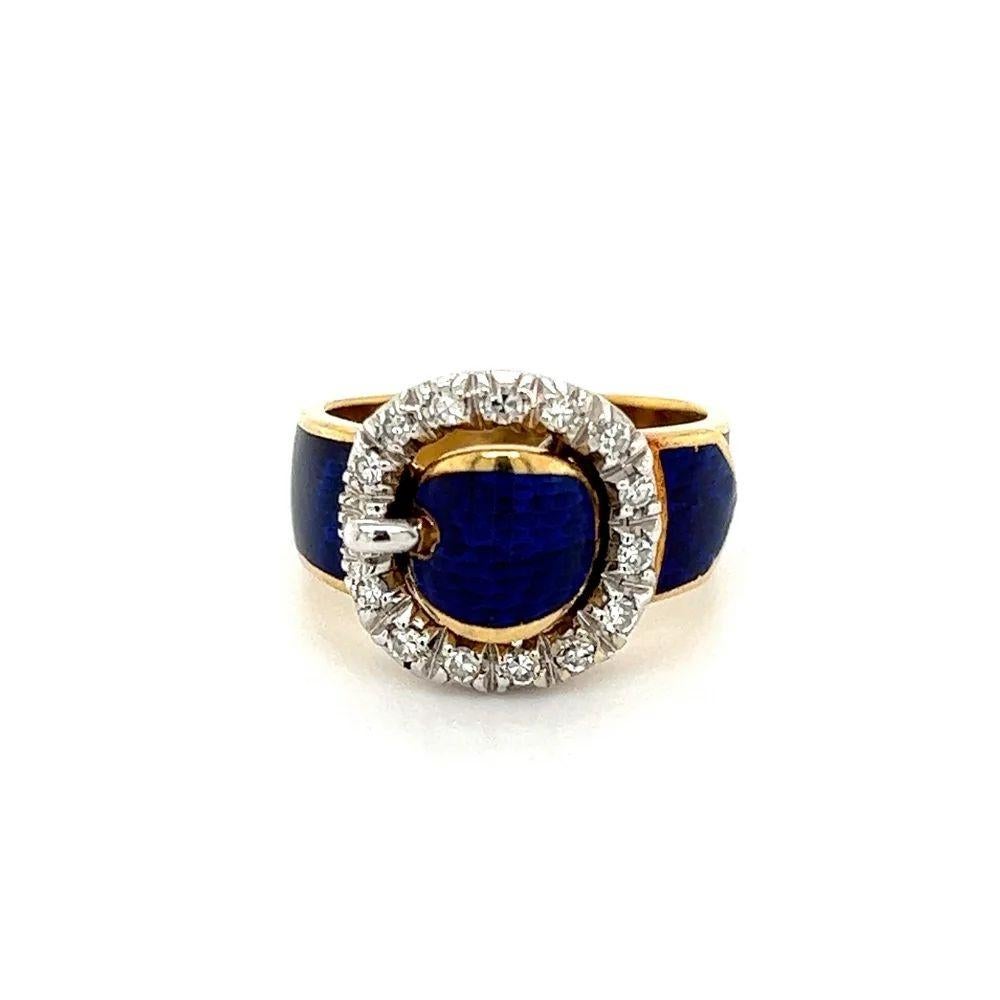 Modern Blue Enamel and Diamond Vintage Gold Buckle Ring For Sale