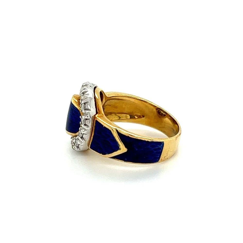 Round Cut Blue Enamel and Diamond Vintage Gold Buckle Ring For Sale