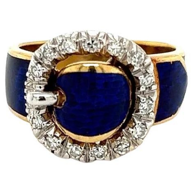 Blue Enamel and Diamond Vintage Gold Buckle Ring For Sale at 1stDibs