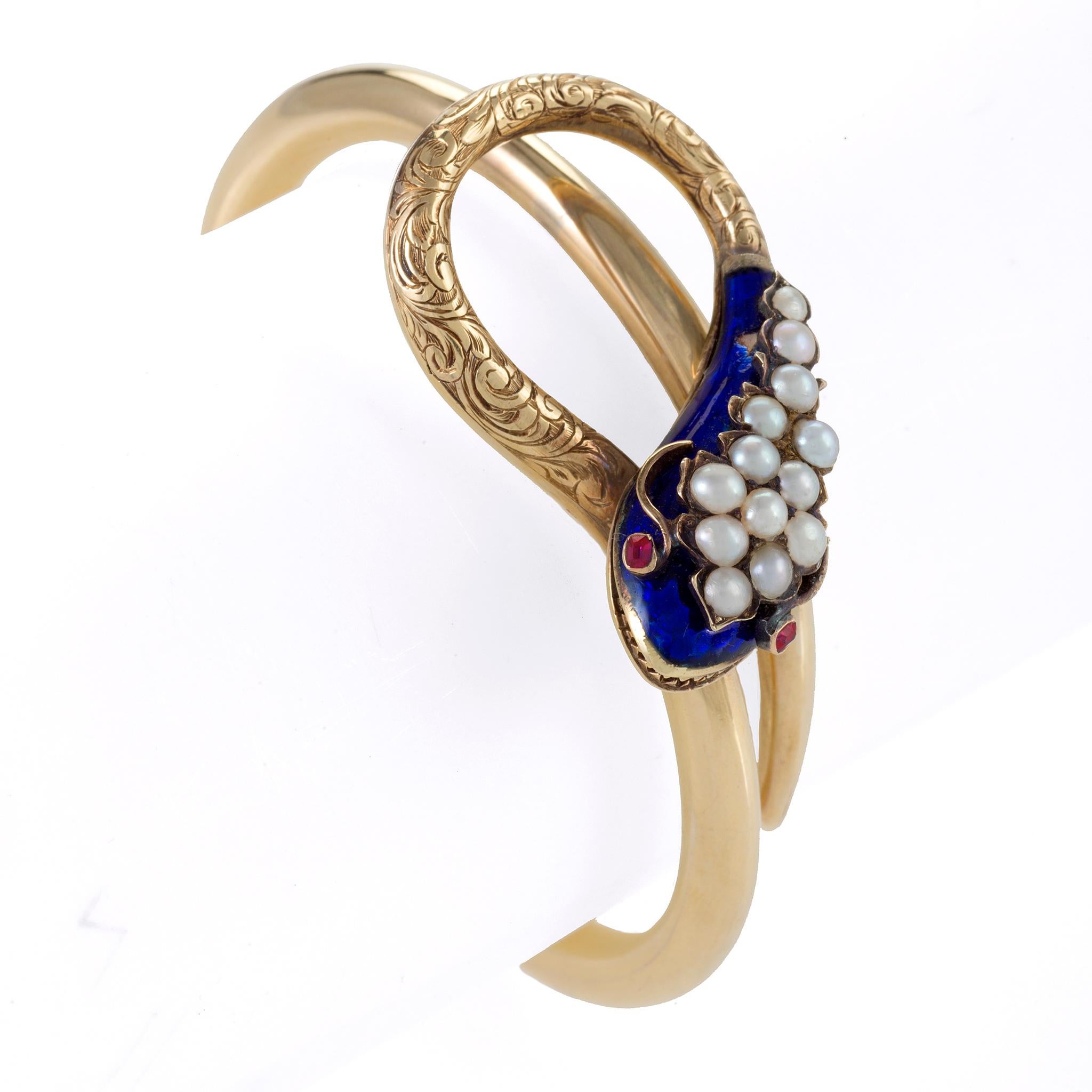 Victorian Blue Enamel and Seed Pearl Serpent Bangle Bracelet