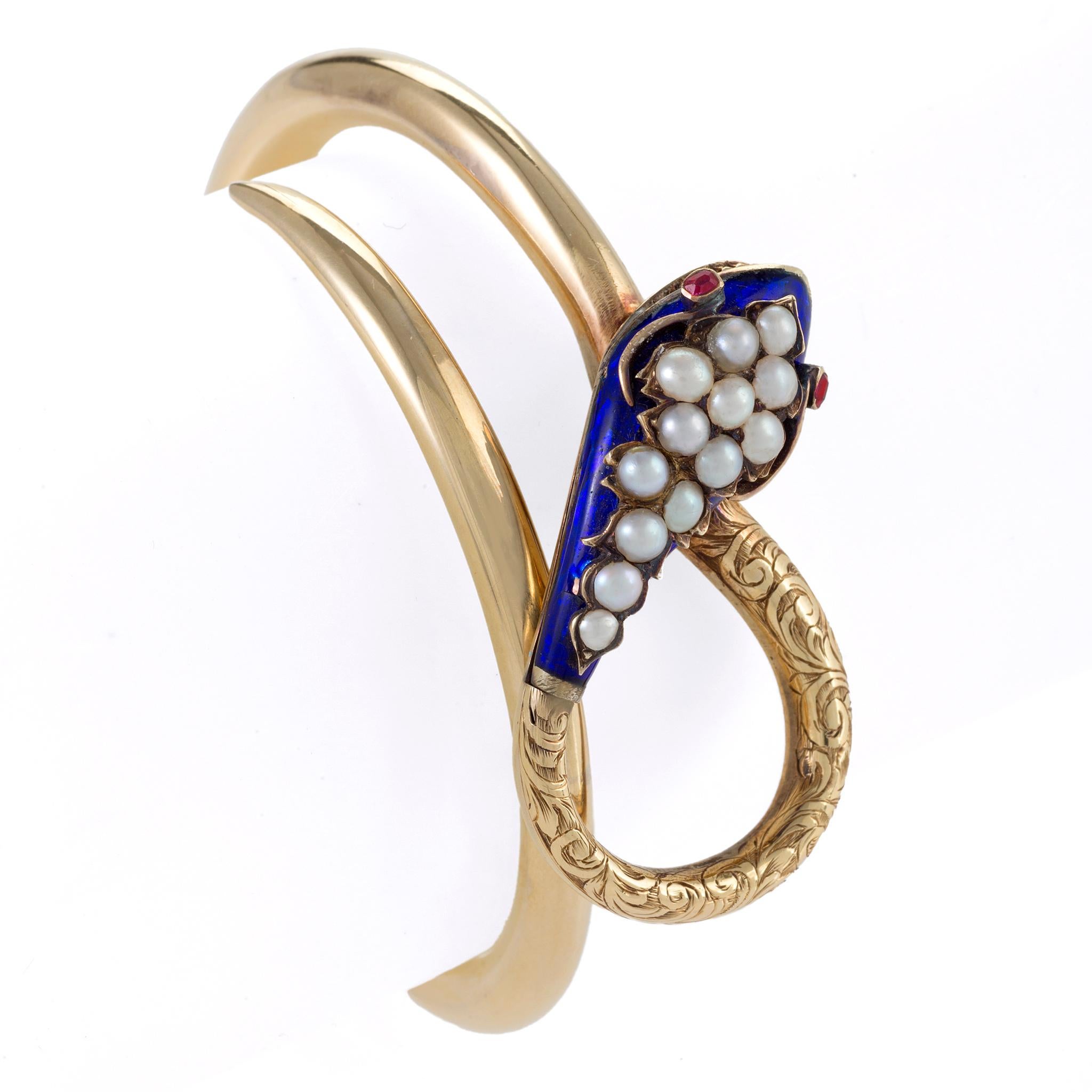Round Cut Blue Enamel and Seed Pearl Serpent Bangle Bracelet