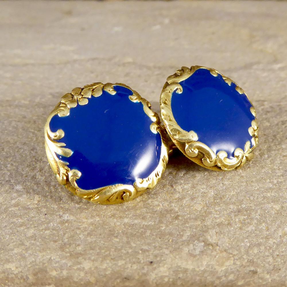 Blue Enamel Antique Victorian Cufflinks Set with 18 Carat Gold In Good Condition In Yorkshire, West Yorkshire