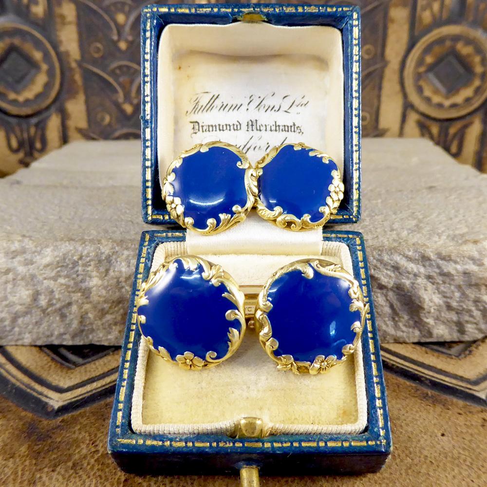 Blue Enamel Antique Victorian Cufflinks Set with 18 Carat Gold 1