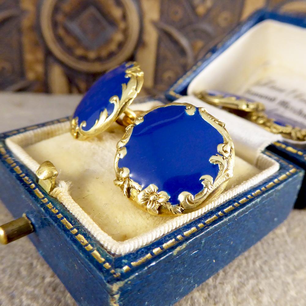 Blue Enamel Antique Victorian Cufflinks Set with 18 Carat Gold 2