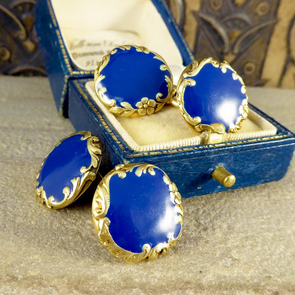 Blue Enamel Antique Victorian Cufflinks Set with 18 Carat Gold 3