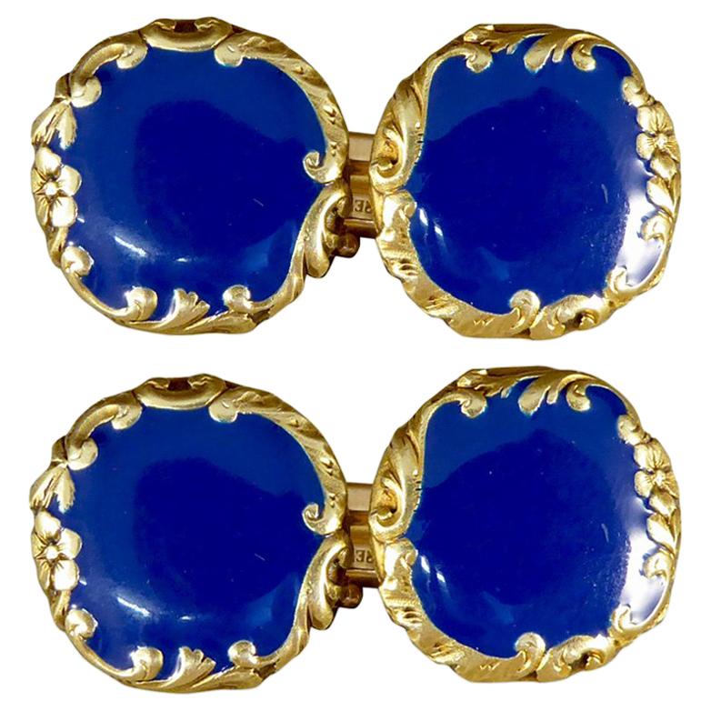 Blue Enamel Antique Victorian Cufflinks Set with 18 Carat Gold