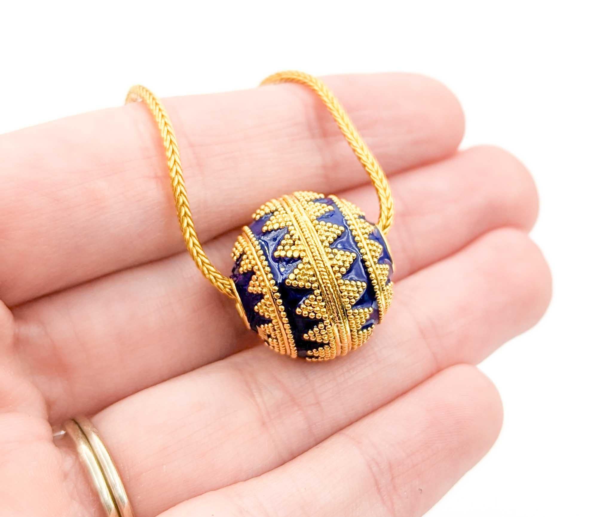 Contemporary Blue Enamel Ball Bead and Wheat Chain Necklace in 22K Yellow Gold For Sale