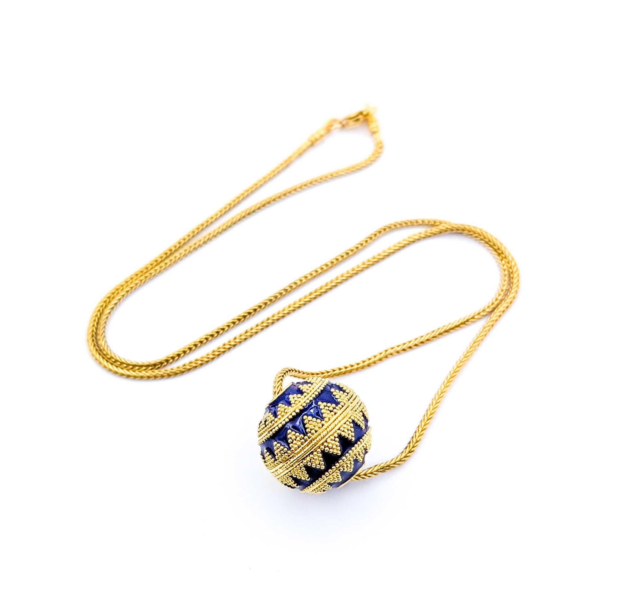 Blue Enamel Ball Bead and Wheat Chain Necklace in 22K Yellow Gold In Excellent Condition For Sale In Bloomington, MN