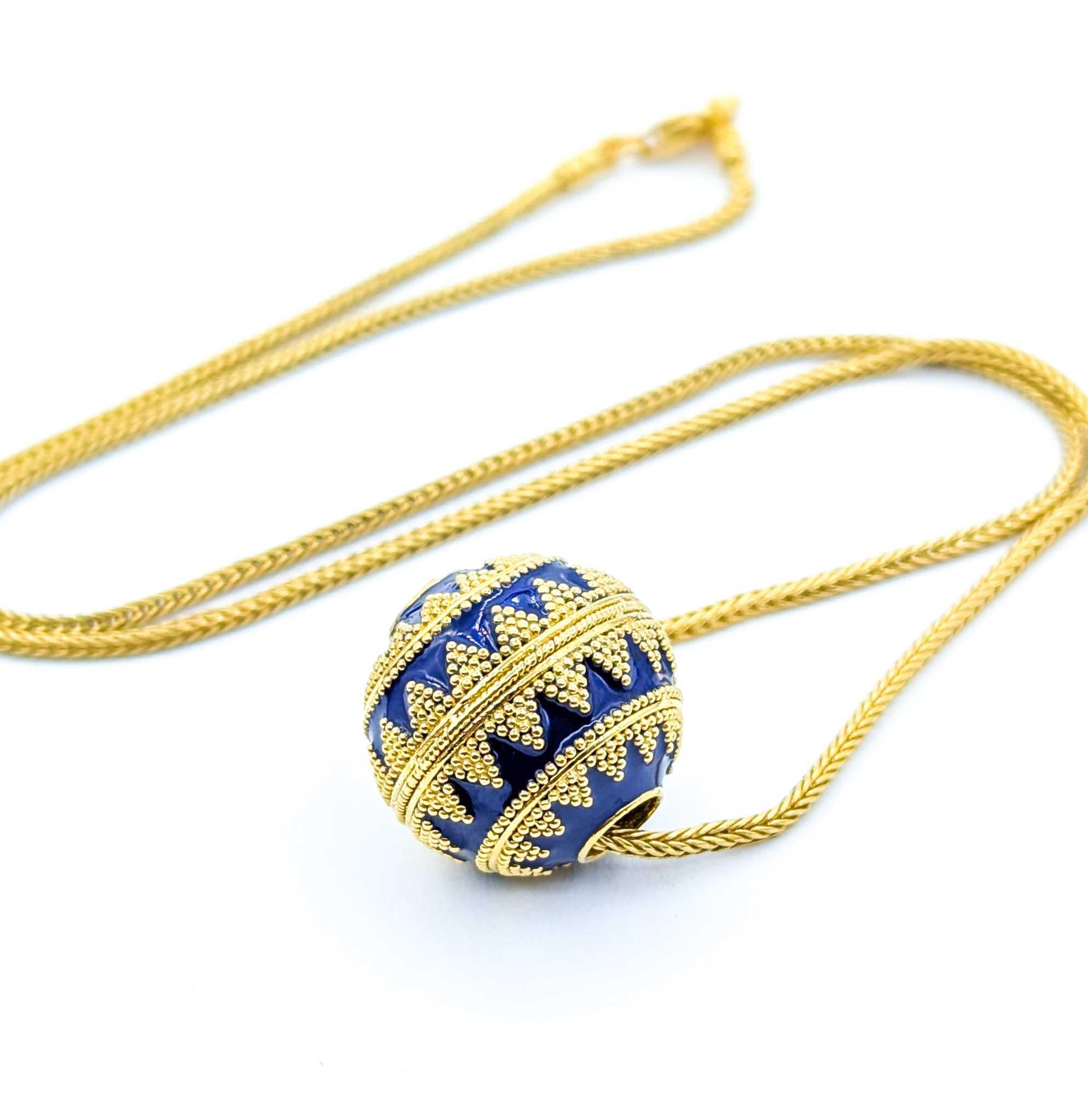Women's Blue Enamel Ball Bead and Wheat Chain Necklace in 22K Yellow Gold For Sale