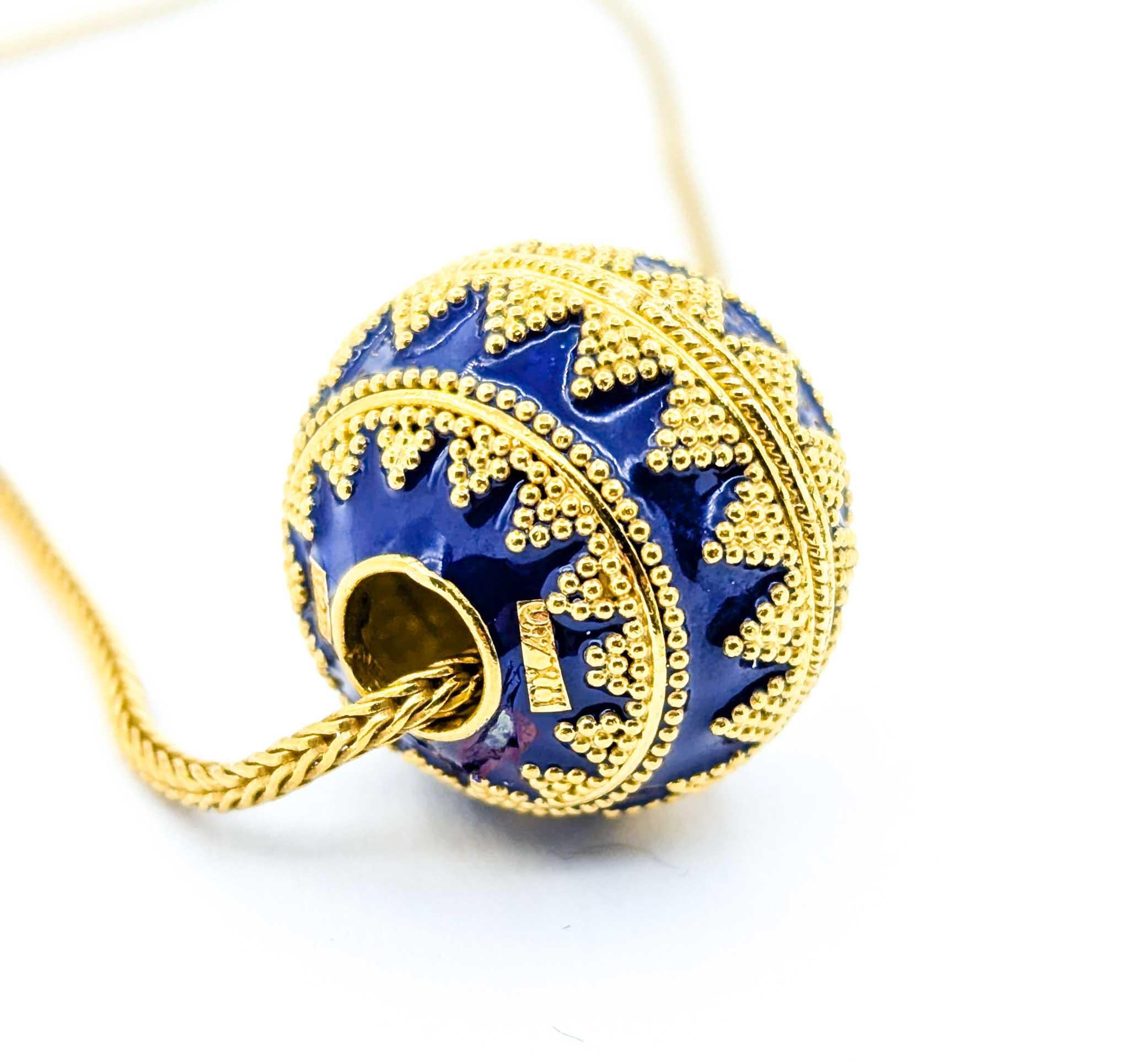Blue Enamel Ball Bead and Wheat Chain Necklace in 22K Yellow Gold For Sale 2