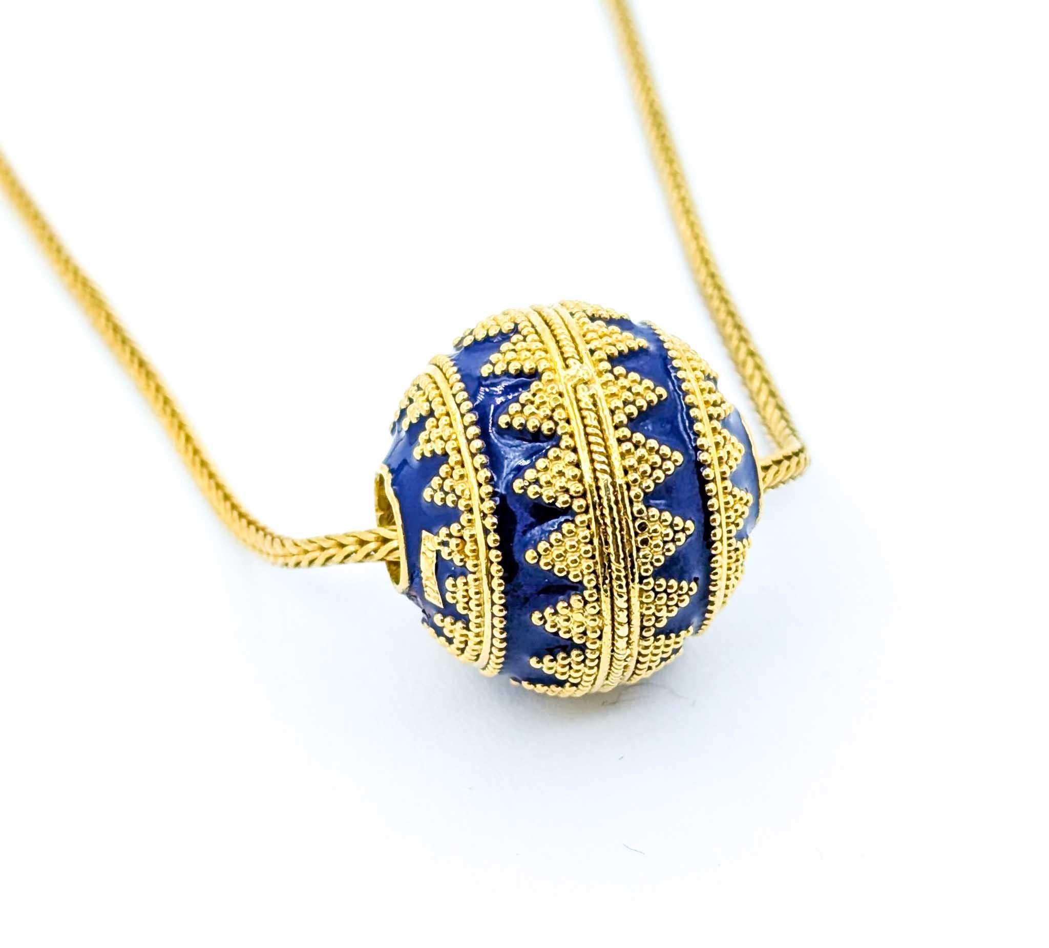 Blue Enamel Ball Bead and Wheat Chain Necklace in 22K Yellow Gold For Sale 3