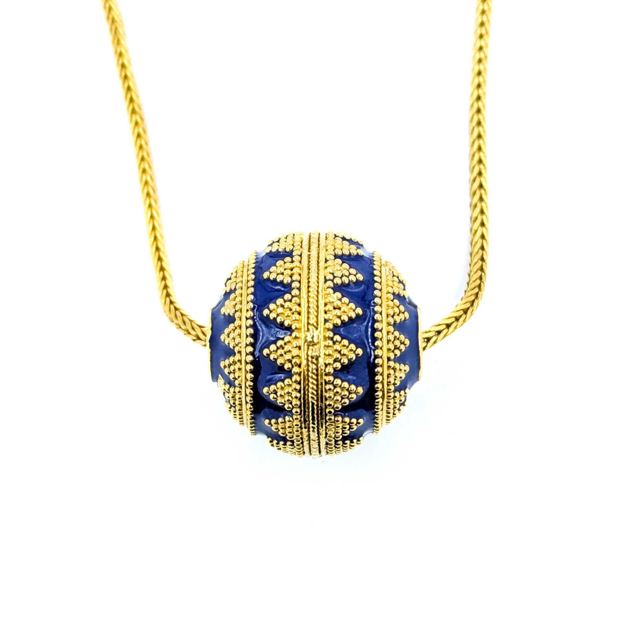Blue Enamel Ball Bead and Wheat Chain Necklace in 22K Yellow Gold For Sale 4