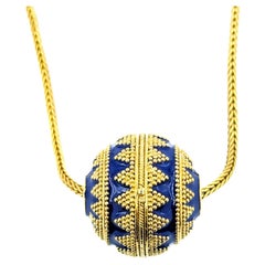 Blue Enamel Ball Bead and Wheat Chain Necklace in 22K Yellow Gold