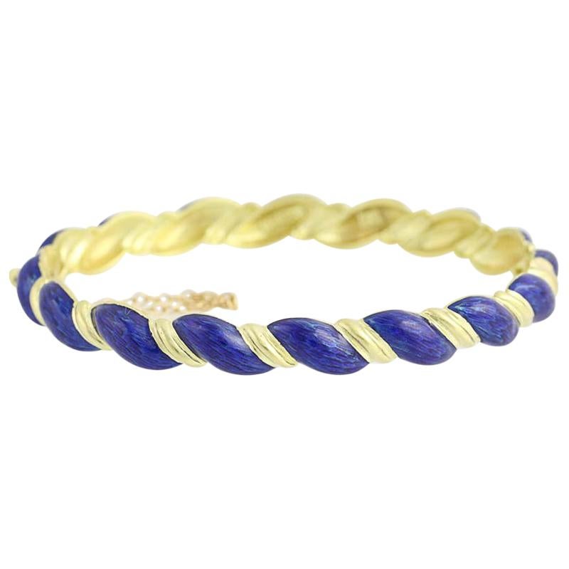 Blue Enamel Bangle Bracelet, 18 Karat Yellow Gold Oval Rope Design