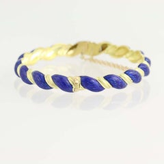 Blue Enamel Bangle Bracelet, 18 Karat Yellow Gold Oval Rope Design