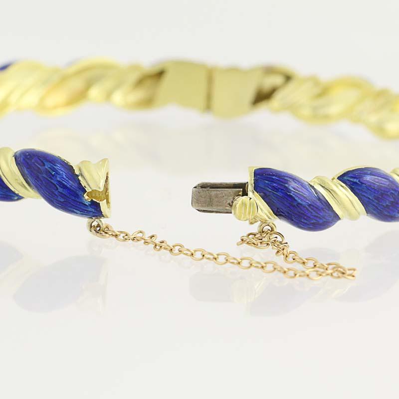 Women's Blue Enamel Bangle Bracelet, 18 Karat Yellow Gold Oval Rope Design