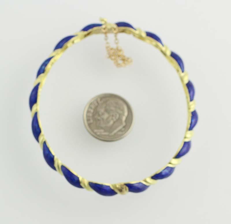 Blue Enamel Bangle Bracelet, 18 Karat Yellow Gold Oval Rope Design 2