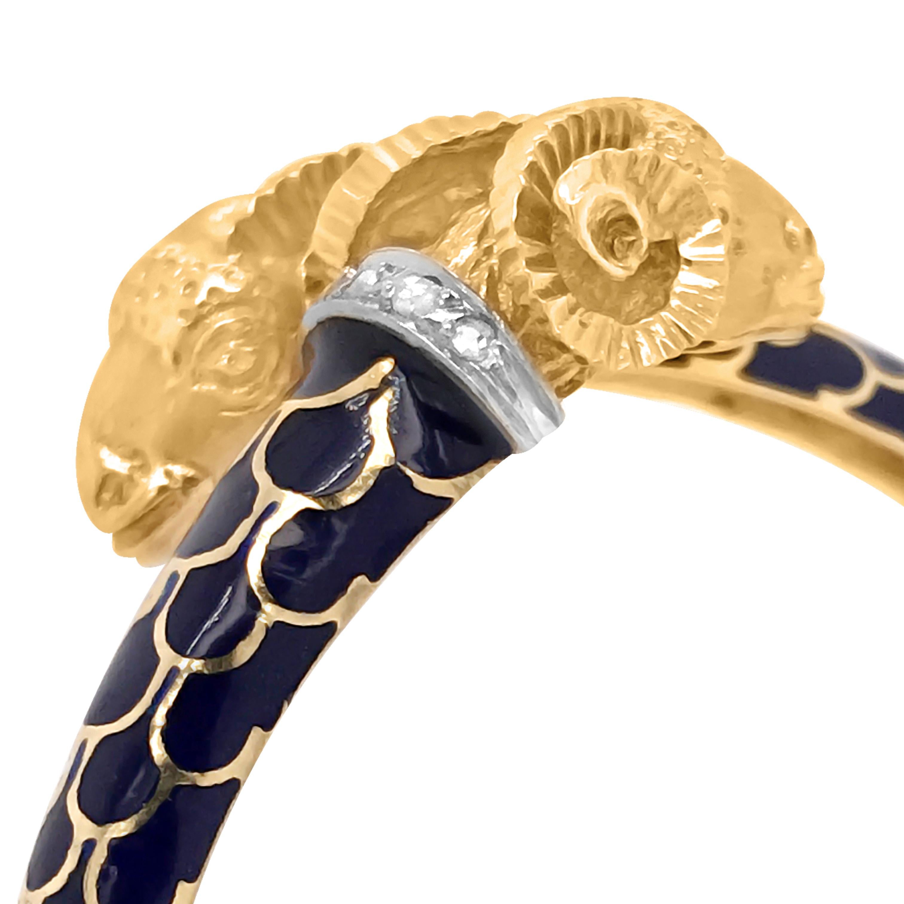 Retro Blue Enamel Bangle Bracelet with Double 18 Karat Gold Lamb's Head